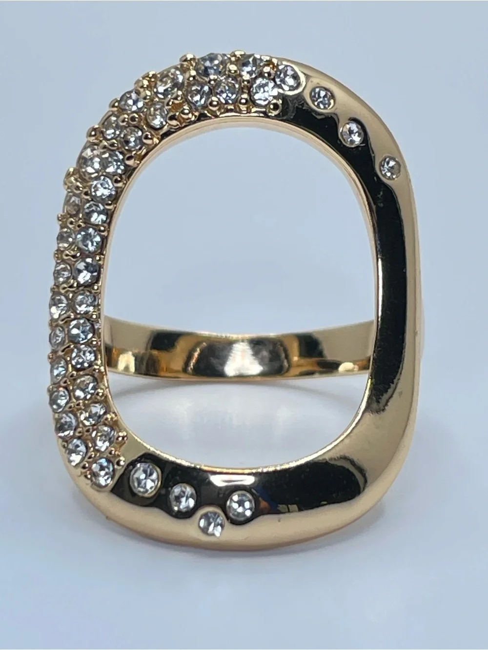 Gold Tone Open Oval Crystal Statement Ring Modern Glam Cocktail Ring